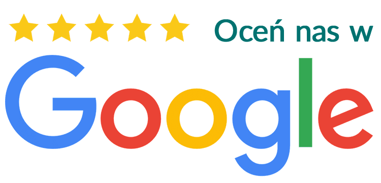 Grafika przedstawia logo google, 5 złotych gwiazdek i napis oceń nas
