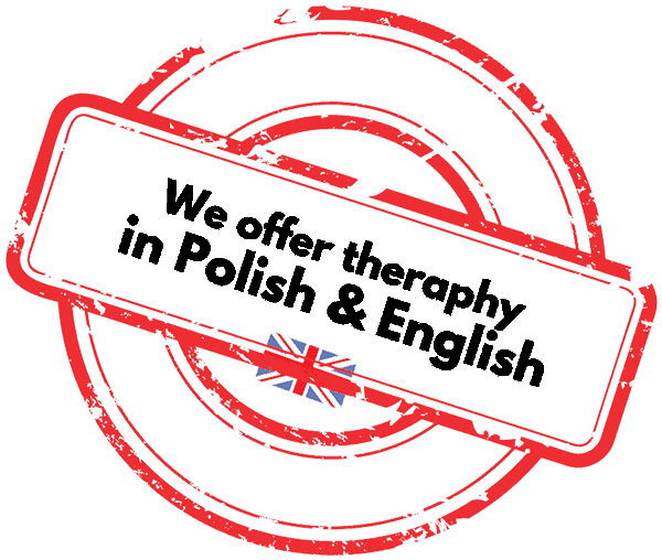 Czerwone koło, w środku napis We offer theraphy in polish & english