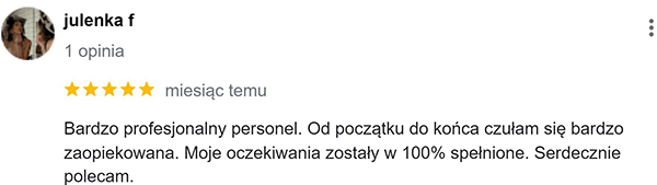Opinia z google użytkowniczki Julenka. Wspomina o bardzo profesjonalnym personelu.