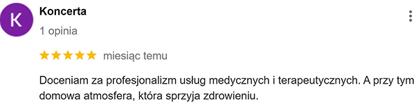 Opinia z google użytkownika Koncerta. Docenia za profesjonalim
